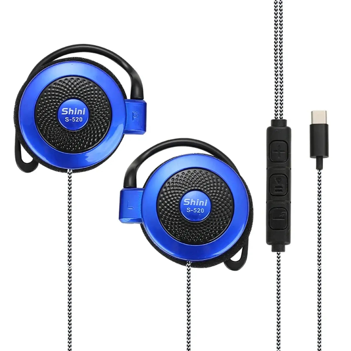 Blue shini s-520 usb-c wired on-ear sports headphones with black ear hooks and usb-c cable for active use