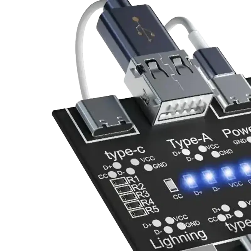 Black usb cable tester adapter with type-c, type-a, lightning ports and illuminated led indicators for mobile devices