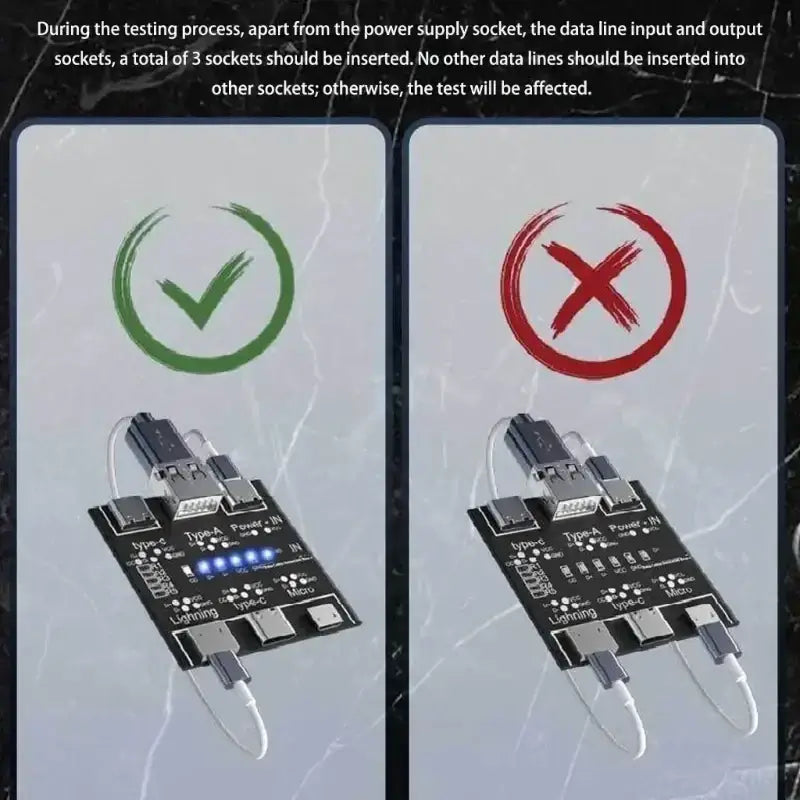Black usb cable tester circuit board with multiple usb ports and illuminated blue leds for status indication