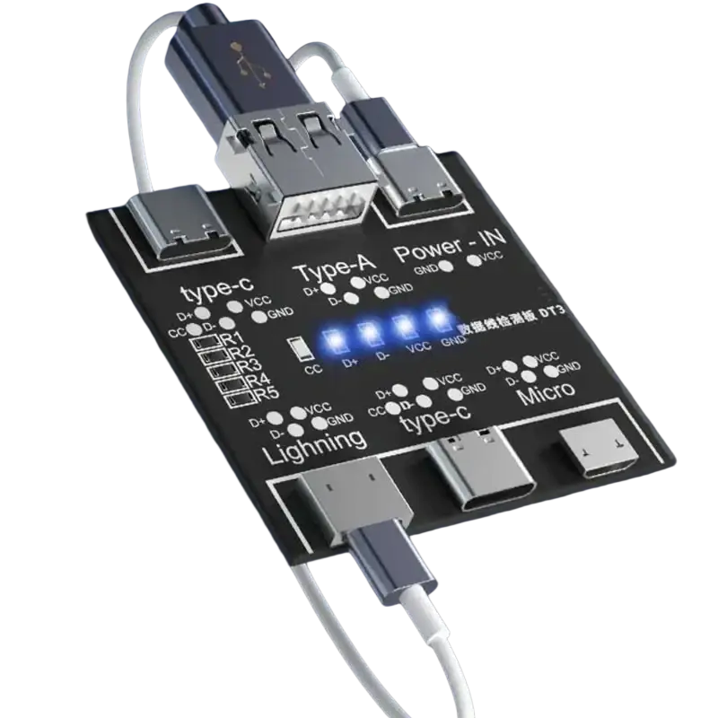 Black circuit board usb cable tester with multiple charging ports and led indicators for type c and mobile devices