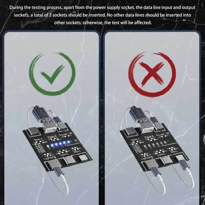 Black circuit board usb cable tester with type-c lightning micro ports and blue led status indicators