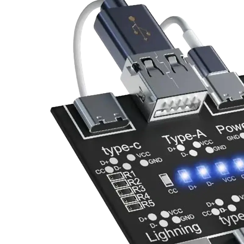 Black circuit board cable tester with multiple usb ports including type-c lightning and micro-usb connectors for mobile devices