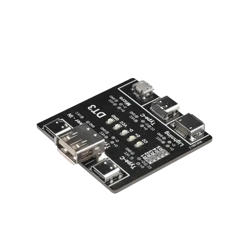 Black dt3 usb cable tester adapter board with usb-c lightning and micro-usb ports for mobile device testing