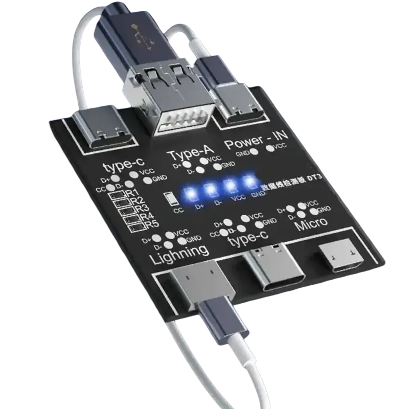Black usb cable tester with multiple usb ports including type-c lightning and micro-usb connectors for mobile devices