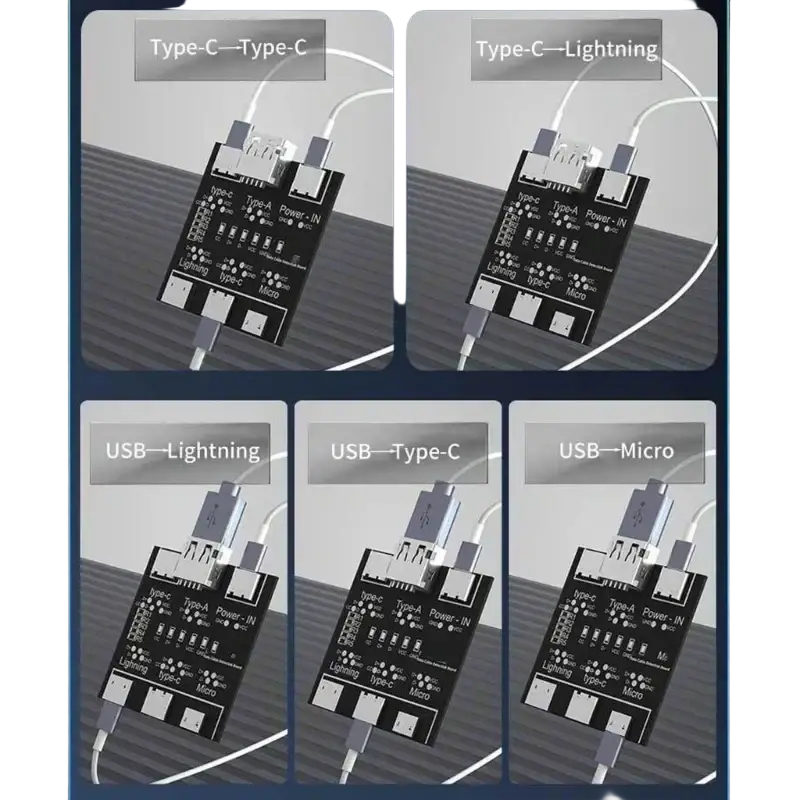 Black rectangular usb cable tester adapter board with type-c lightning and micro-usb ports for mobile devices