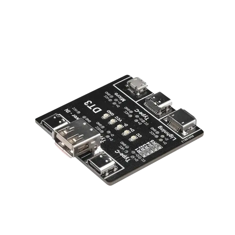 Black rectangular usb cable tester board with type-c lightning and micro-usb ports for mobile devices testing