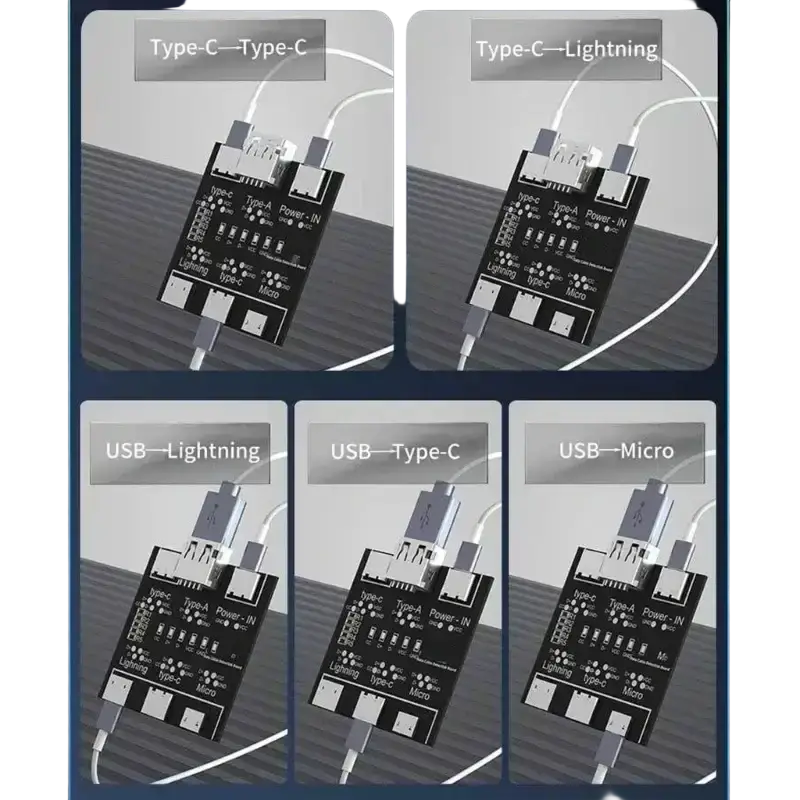 Black rectangular usb cable tester board with type-c lightning and micro-usb ports for mobile devices