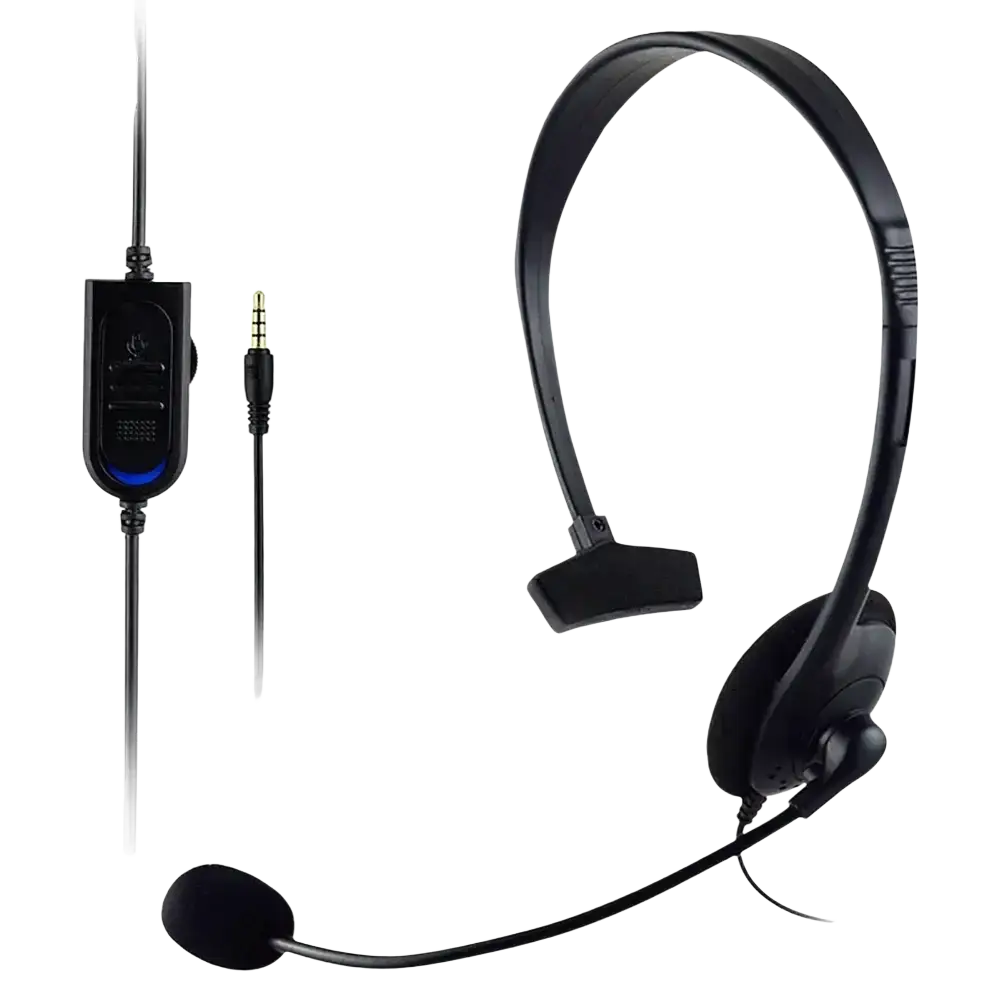Black usb call center headset with noise canceling mic, flexible boom, inline control unit with blue backlighting, frequency response range