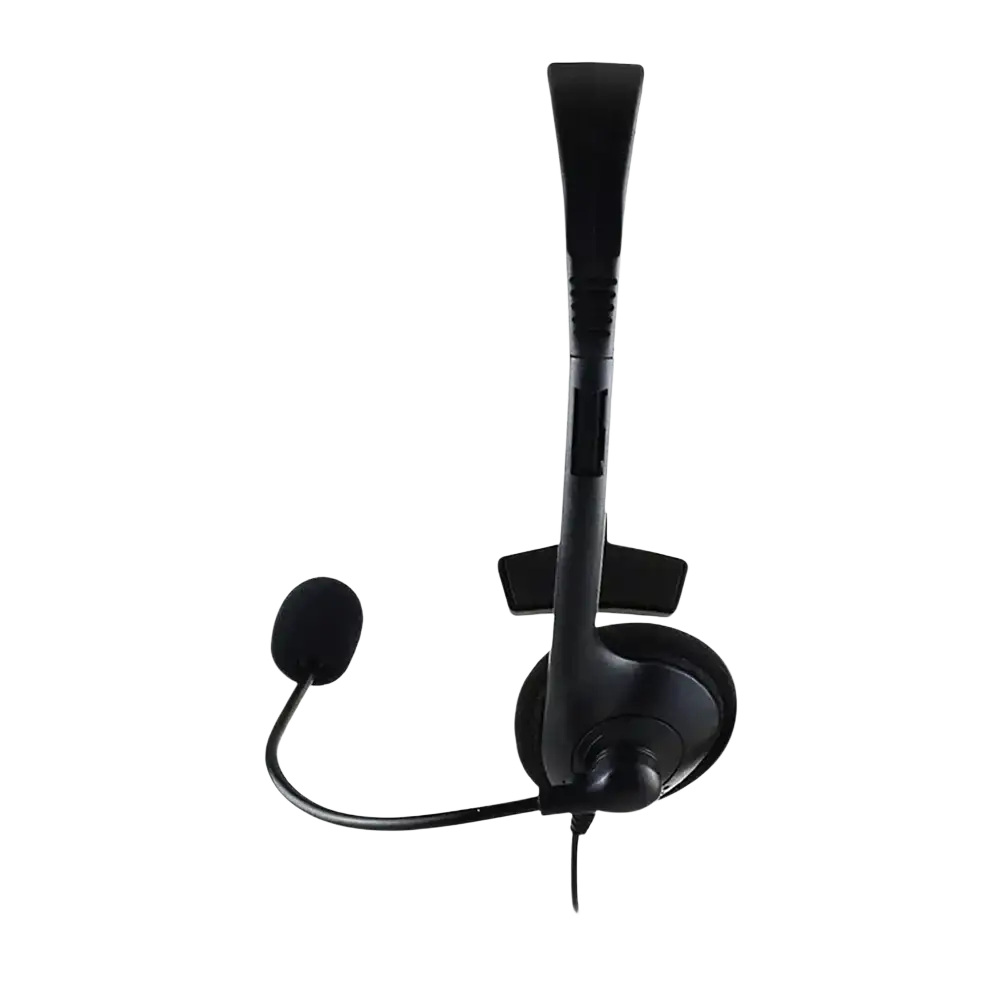 Black usb call center headset with noise canceling mic, padded headband, flexible boom, and wide frequency response range