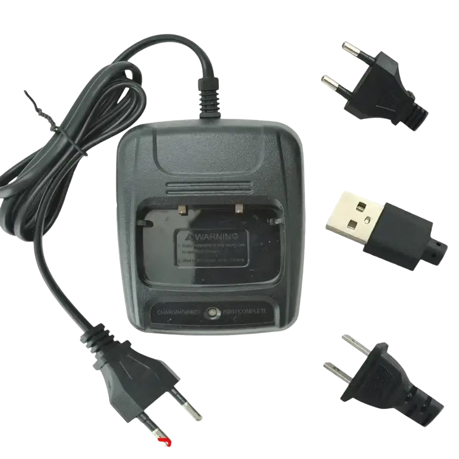 Black plastic usb charger special desk with coiled power cord and multiple plug adapters for baofeng walkie talkie