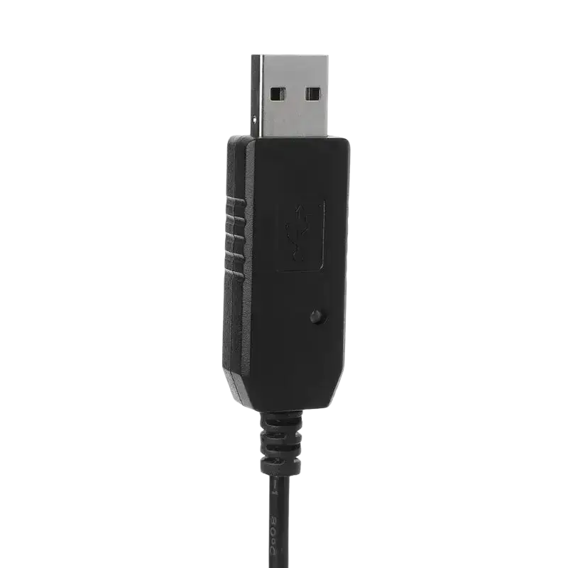 Black usb charger cable for baofeng radio with metallic connector and textured plastic housing for durability