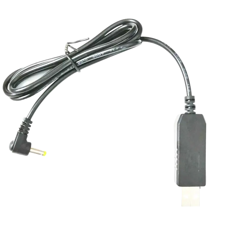 Black usb charger cable with 90-degree angled connector and molded plastic housing for Baofeng radio charger cable