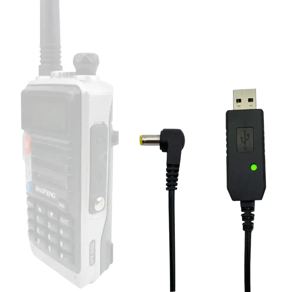 Black usb charger cable with green power indicator light and angled connector for Baofeng radio charging use