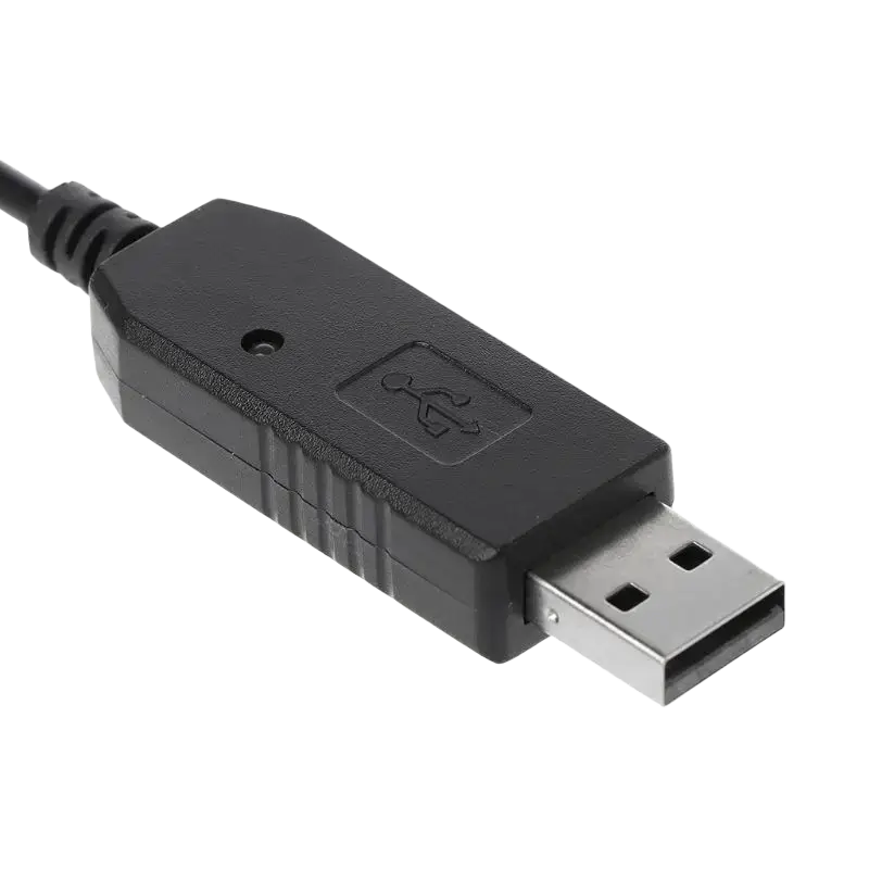 Black USB-A to DB9 serial charger cable with matte plastic housing and metallic connector for Baofeng radio use