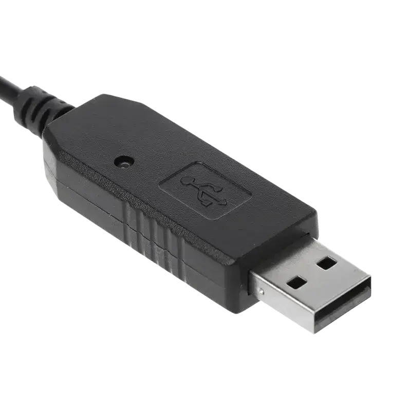 Black usb charger cable for baofeng radio with matte plastic housing and metallic usb-a to db9 serial adapter connector