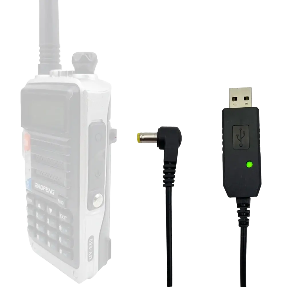 Black usb charger cable with 2.5mm jack and green indicator light for baofeng radio handheld charging