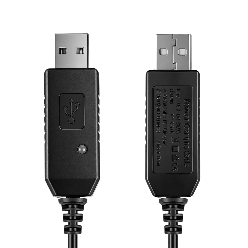 Black usb charger cable with silver connector and textured grip for Baofeng walkie talkie charging use