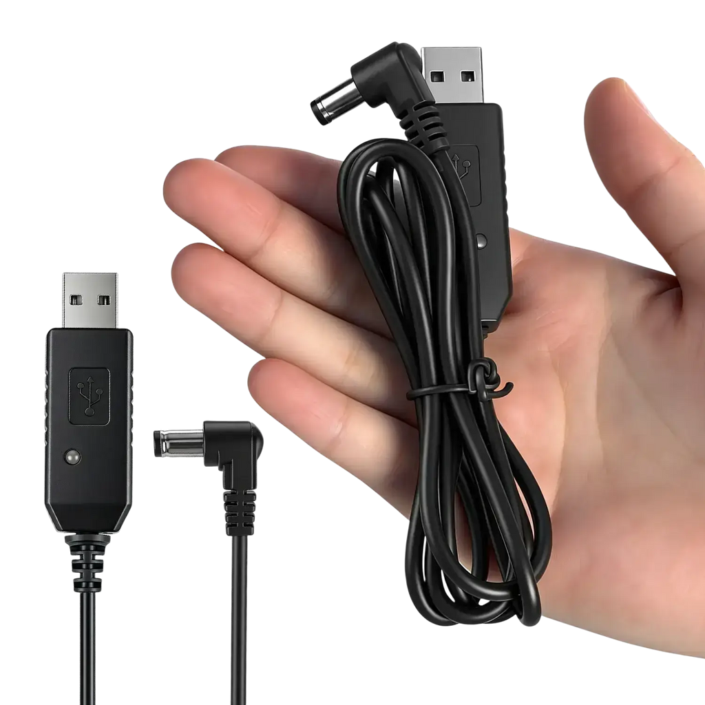 Black usb charger cable for baofeng walkie talkie with angled connectors and molded plastic housing