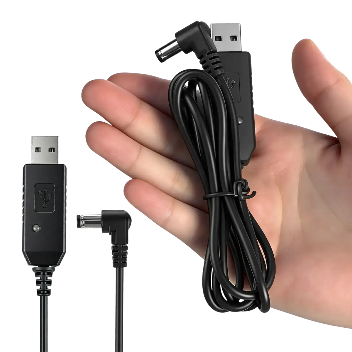 Black usb charger cable for baofeng walkie talkie with angled connectors and molded plastic housing