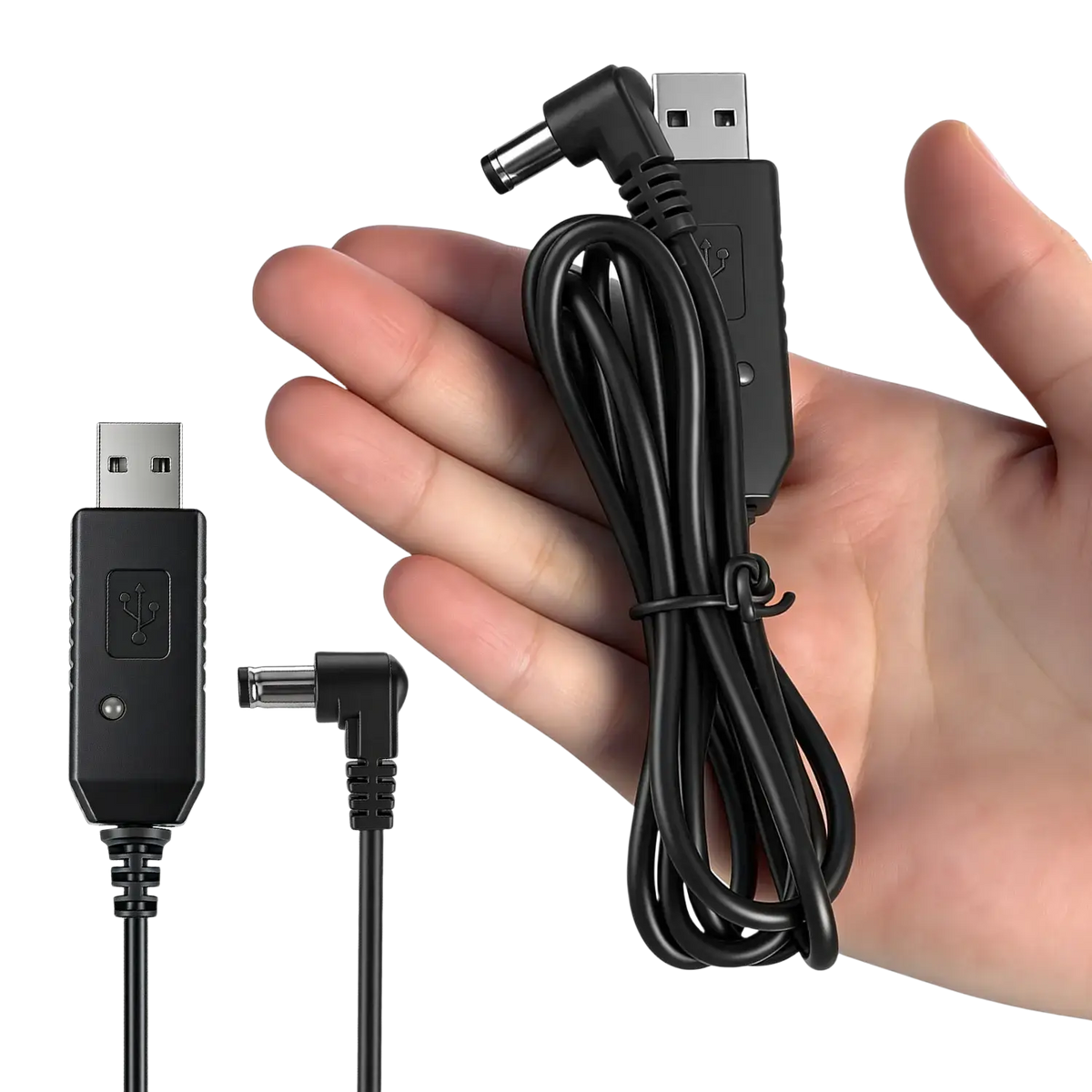 Black usb charger cable for Baofeng walkie talkie with angled connectors and molded plastic housing