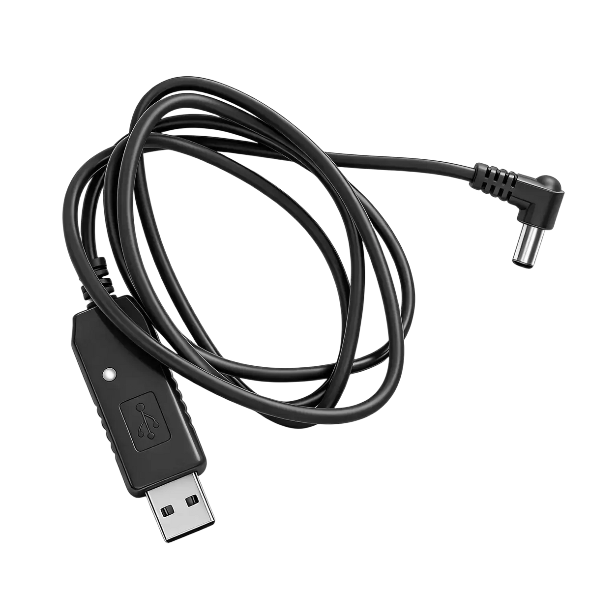 Black usb charger cable for baofeng walkie talkie with standard usb-a connector and angled barrel jack end