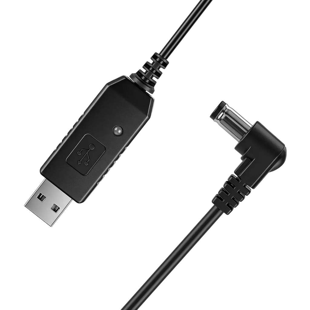 Black usb charger cable for baofeng walkie talkie with usb-a connector and angled barrel jack plug end
