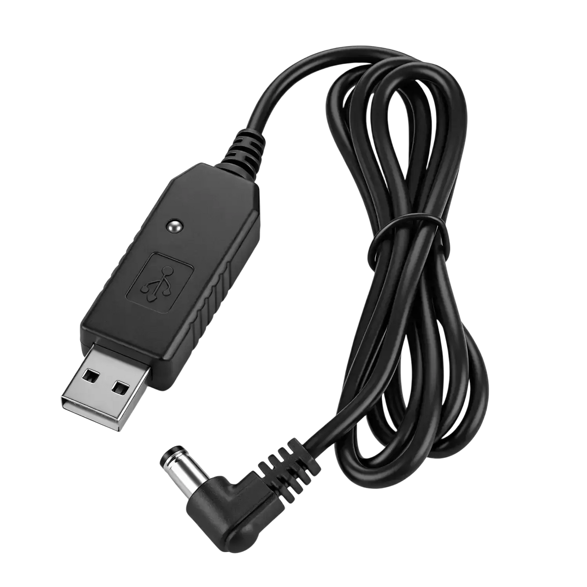 Black usb charger cable for baofeng walkie talkie with silver usb-a connector and 90-degree angled dc plug