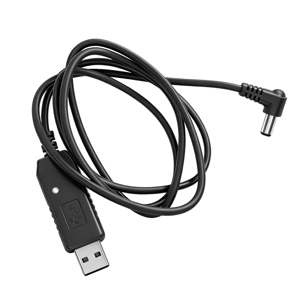 Black usb charger cable for baofeng walkie talkie with molded plastic housing and angled barrel connector