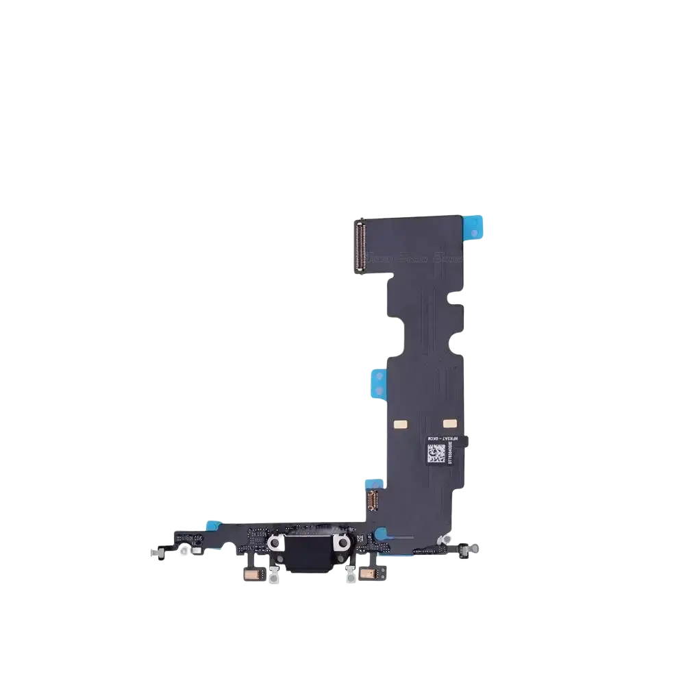 Black flexible usb charger flex cable for iphone xs max with blue adhesive tabs and metallic connectors visible
