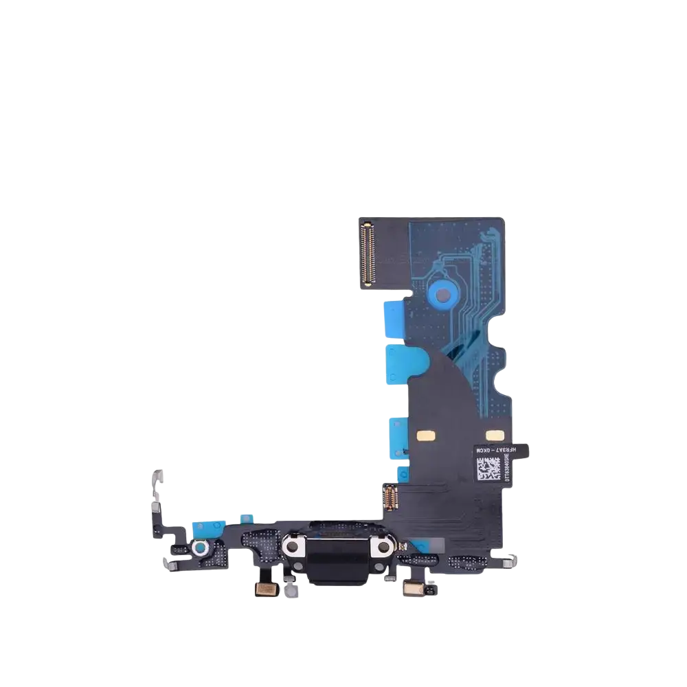 Black usb charger flex cable for iPhone xs max with blue adhesive pads and metallic connectors on back side