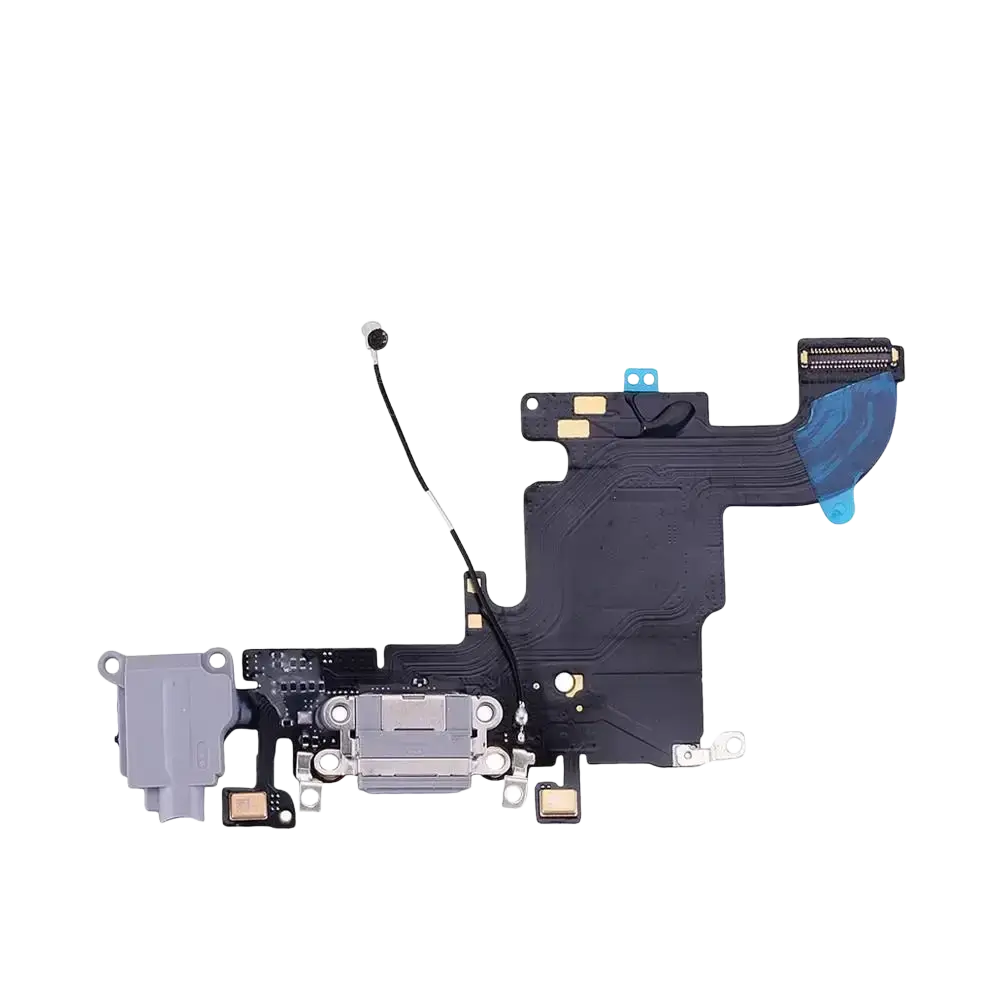 Black flexible usb charger flex cable for iphone xs max with silver connectors and blue protective cover and charging port assembly