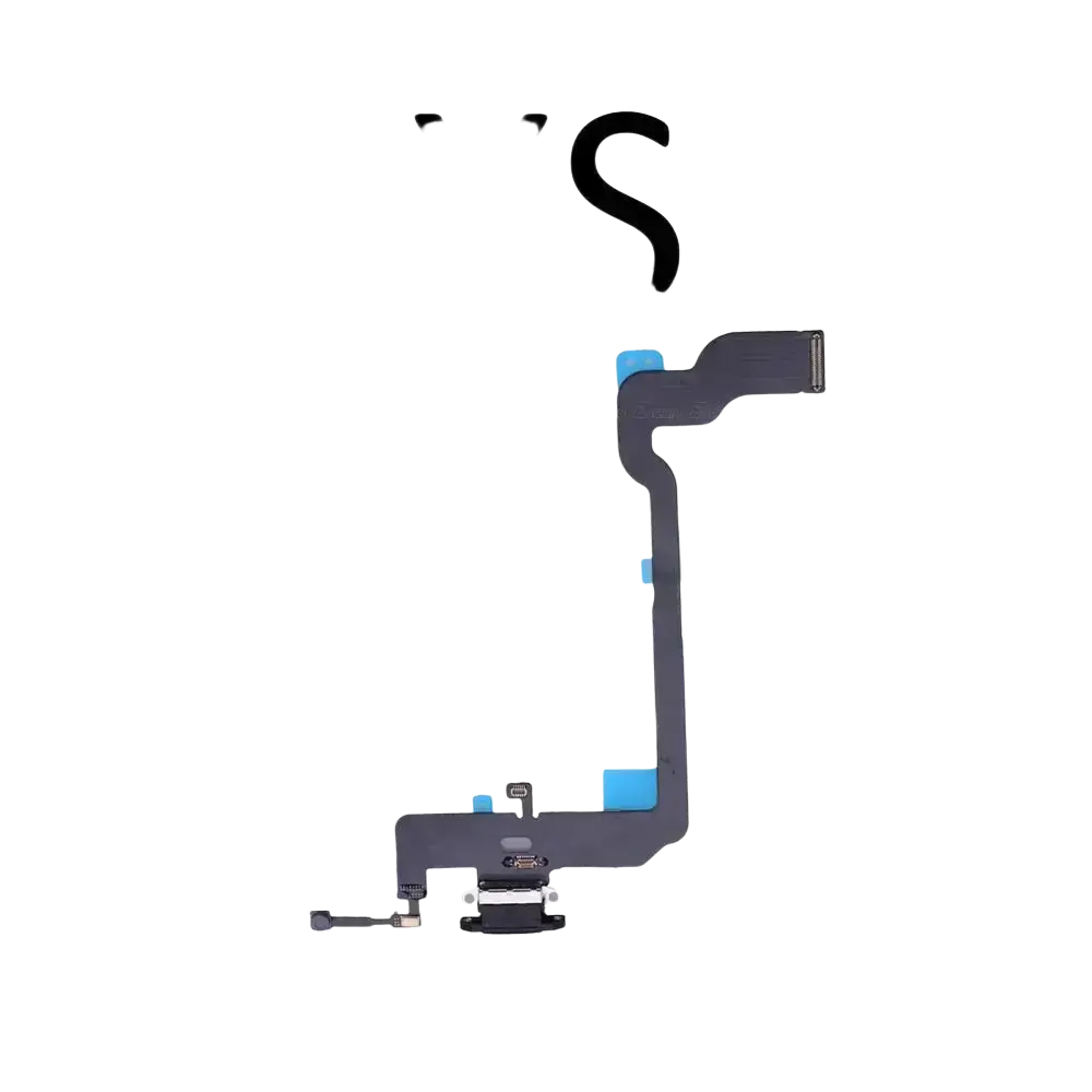 Black usb charger flex cable for iphone xs max with blue adhesive tabs and metallic connectors replacement part