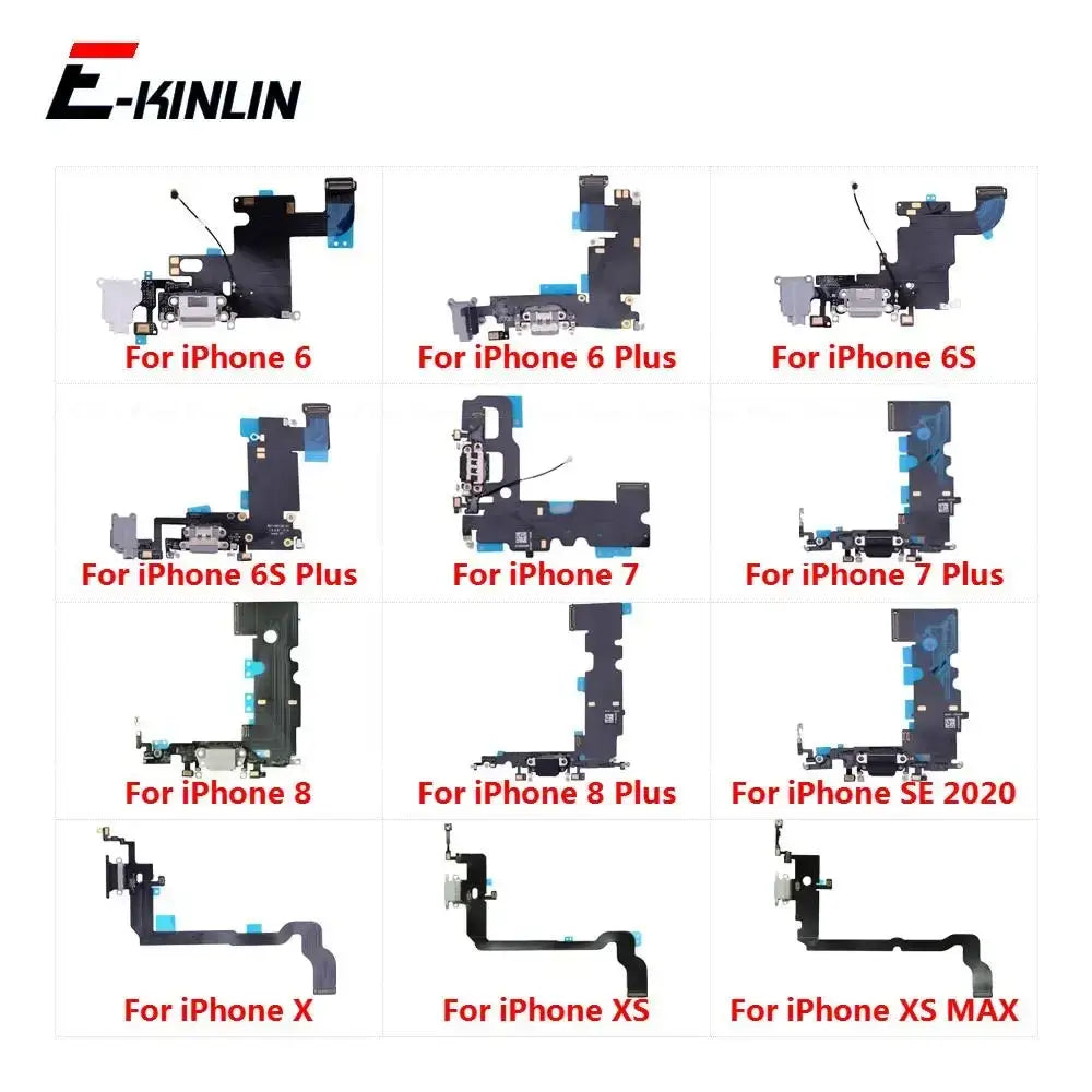 E-kinlin usb charger flex cable assembly for iPhone Xs Max with black plastic, metal parts, and blue adhesive pads