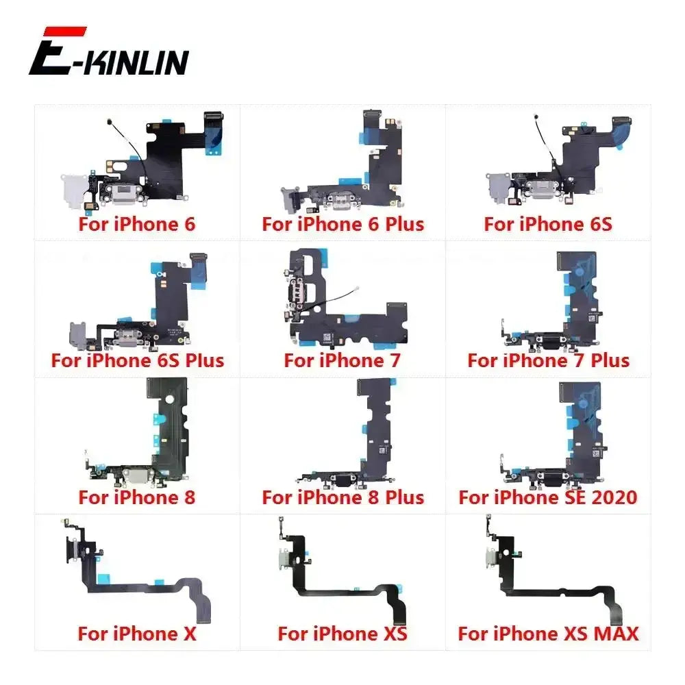 E-kinlin usb charger flex cable replacement for iphone xs max with black plastic and metal components and blue adhesive pads