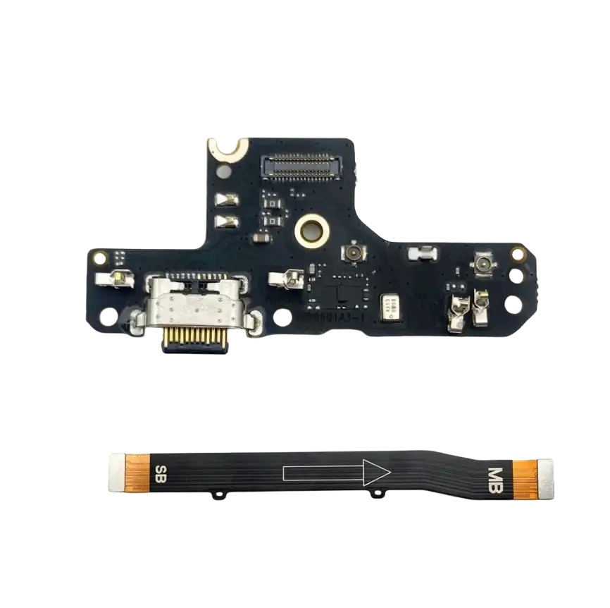 Black usb charging board with silver usb-c port and gold contacts with flexible ribbon cable for moto g9 plus charging dock