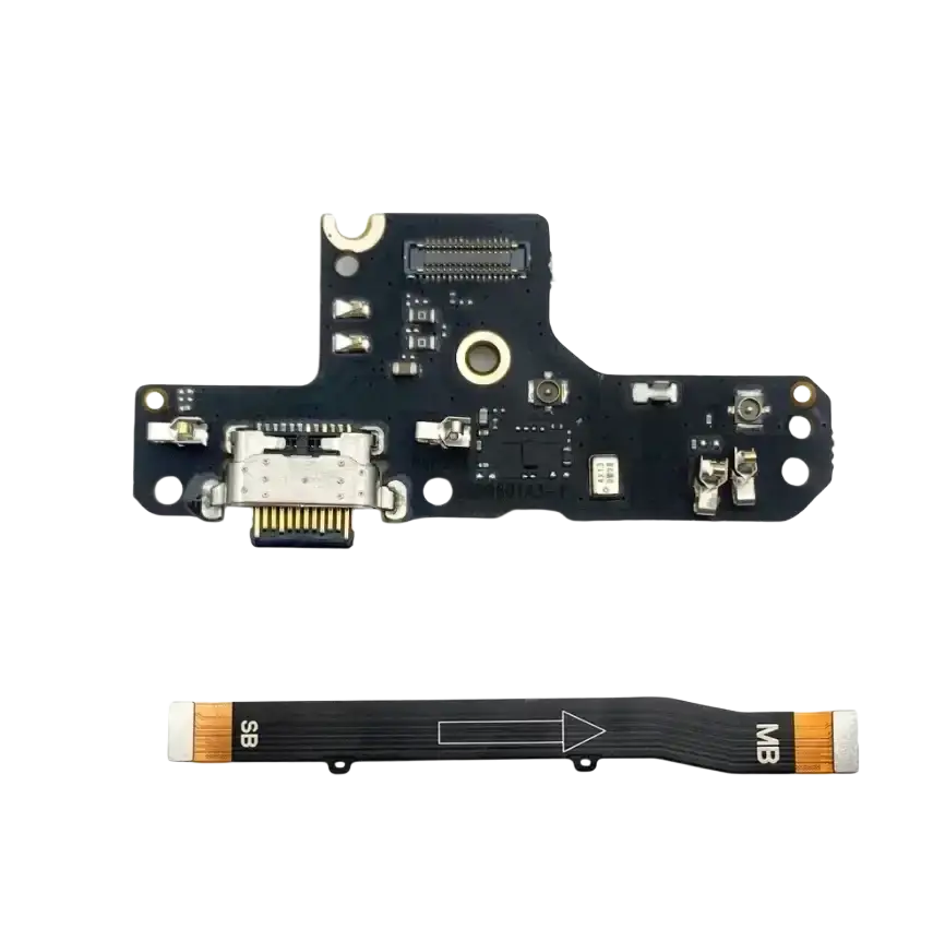 Black usb charging board for Motorola moto g series with silver usb-c port and gold contacts on flexible ribbon cable