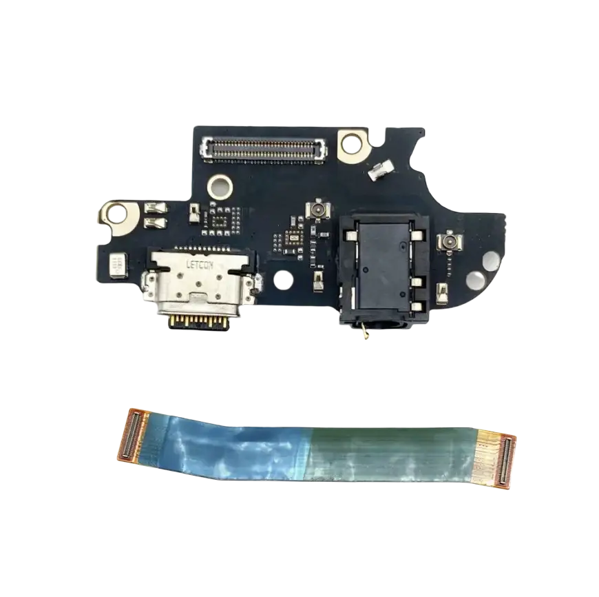 Black usb charging board for Motorola moto g series with silver usb-c port and blue-green flexible ribbon cable