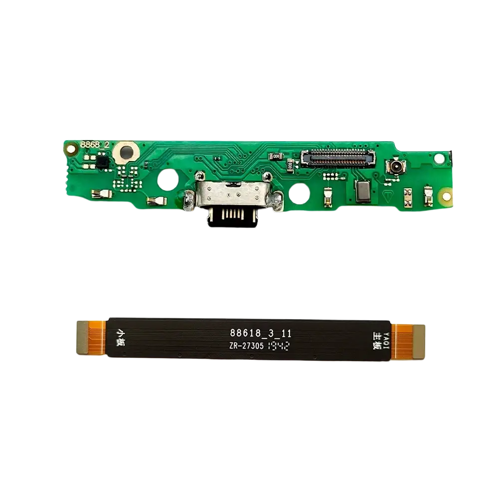 Green circuit board with silver usb-c charging port and black ribbon cable for moto g7 power usb charging board