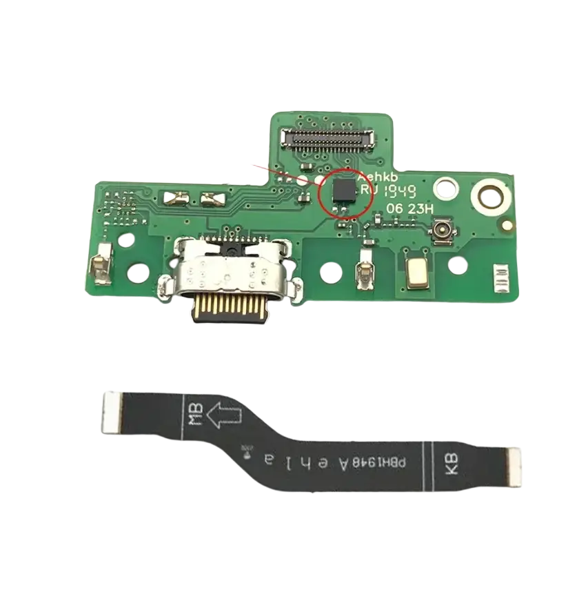 Green circuit board usb charging board with silver usb-c port and black ribbon cable for moto g8 charging dock replacement