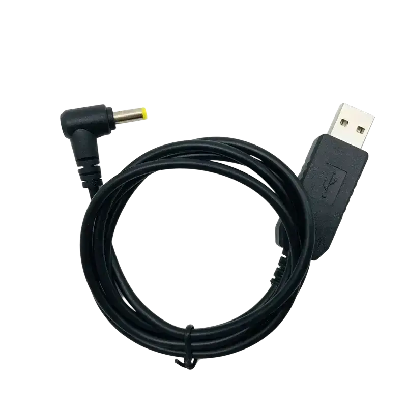 Black usb charging cable for baofeng uv-5r walkie talkie with right-angle connector and molded plastic housing