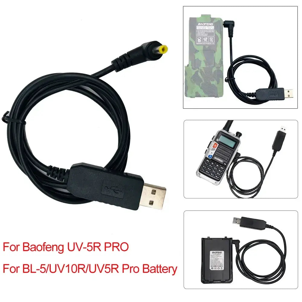 Black usb charging cable with yellow tip for Baofeng uv-5r walkie talkie and compatible batteries