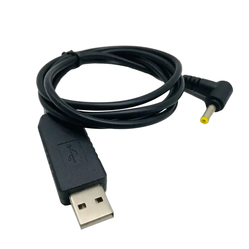 Black usb charging cable for Baofeng uv-5r walkie talkie with silver usb-a connector and angled yellow-tipped barrel plug