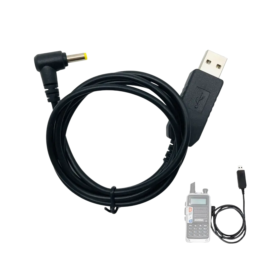 Black usb charging cable with 90-degree angled yellow dc connector for baofeng uv-5r walkie talkie charging cable