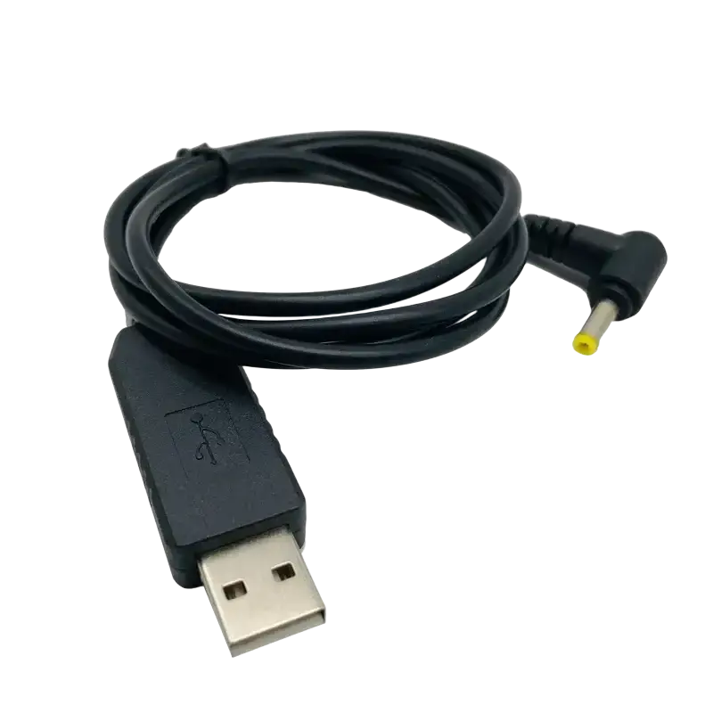 Black usb charging cable for baofeng uv-5r walkie talkie with usb-a connector and angled yellow tip barrel plug