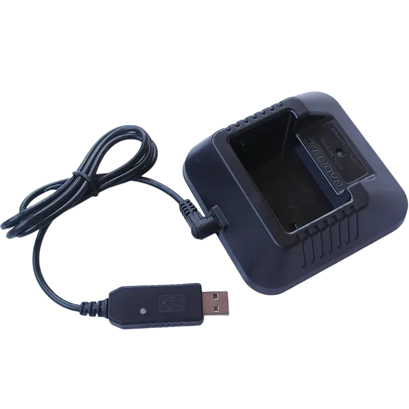 Black plastic usb charging cable desktop charger with coiled cable and rectangular cradle for baofeng walkie talkie
