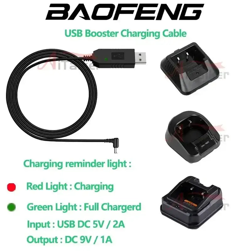 Black baofeng usb charging cable with angled connector and coiled design for walkie talkie desktop charger