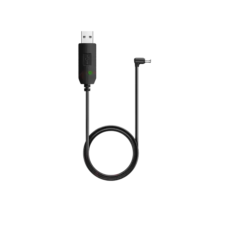 Black usb charging cable for baofeng walkie talkie with angled connector and green indicator light for desktop charger