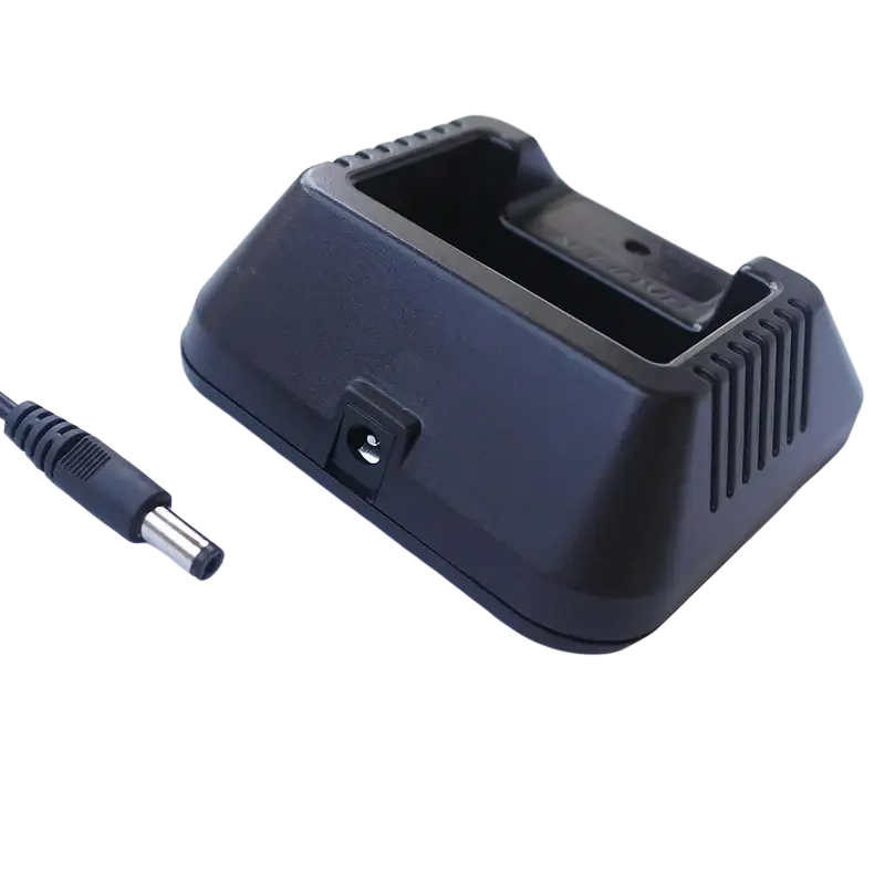 Black plastic desktop charger with usb charging cable and matching power adapter for Baofeng walkie talkie
