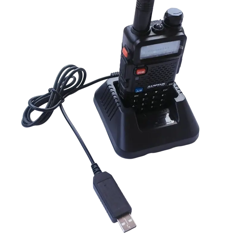 Black baofeng bf-888s walkie talkie with usb charging cable and desktop charger for efficient charging