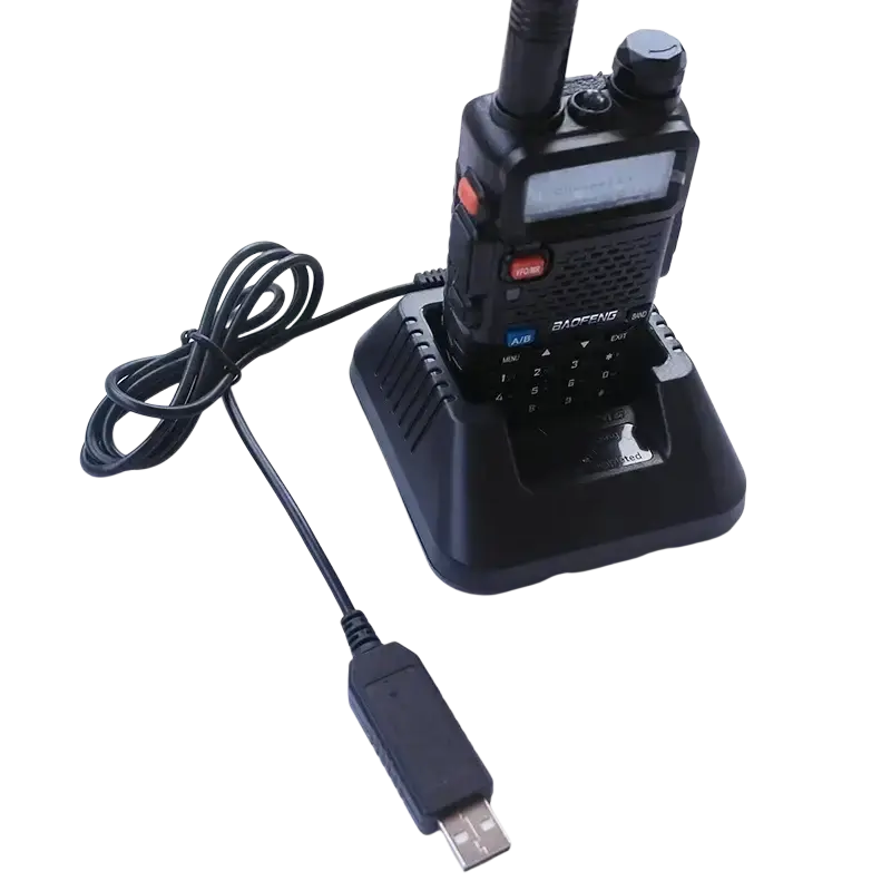 Black baofeng bf-9800 two-way radio with usb charging cable and desktop charger for efficient usb charging